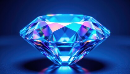 A close up view of a blue neon diamond showcasing its sharp edges and vibrant colors from the refraction of light, creating a rainbow effect within the transparent gemstone