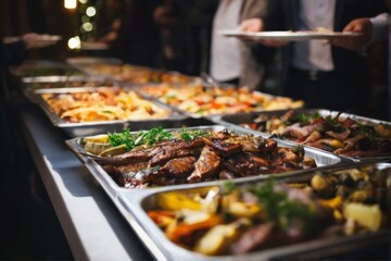 Buffet Table with Varied Fresh Food Trays, Grilled Meats, Vegetables, Herbs, and Ambient Lighting in Event Setting
