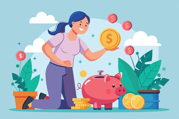 Fototapeta premium A person is happily placing coins into a piggy bank, enjoying the act of saving money surrounded by vibrant plants, Saving in the piggy bank
