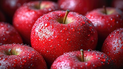 Close-up Shot of Fresh Red Apples Covered in Water Droplets, Vibrant Colors and High-Resolution Detail, Juicy and Appetising Fruit Photography