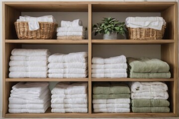 Wooden shelving unit with gridlike arrangement of neatly folded towels in white, beige, and green, with woven baskets and plant.
