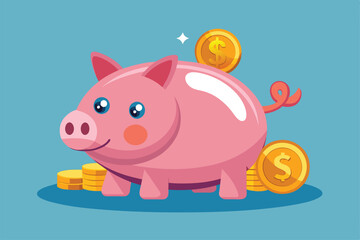 Obraz premium A bright pink piggy bank sits surrounded by gold coins, symbolizing saving money and financial security, saving money