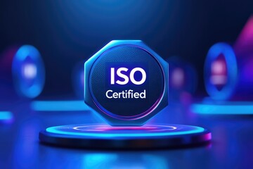 Abstract business concept with a floating "ISO Certified" badge.