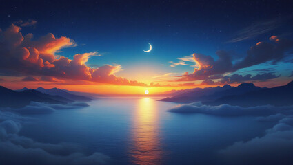 Fototapeta premium Tranquil Ramadan Sunset Over Ocean with Crescent Moon – Serene Background Wallpaper