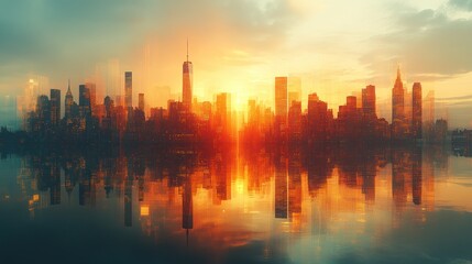 Fototapeta premium New York City Skyline Sunrise Reflection