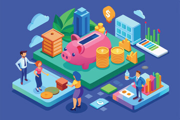 Customizable isometric design illustrating people engaged in various money-saving activities with a piggy bank, Saving money Customizable Isometric Illustration