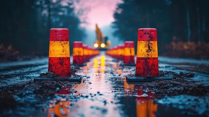Muddy Road Construction Site with Reflective Safety Cones and Excavator in Background at Dusk