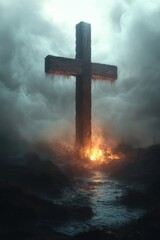 A wooden cross in a misty, golden-lit landscape. A serene and spiritual scene with atmospheric lighting and natural elements.