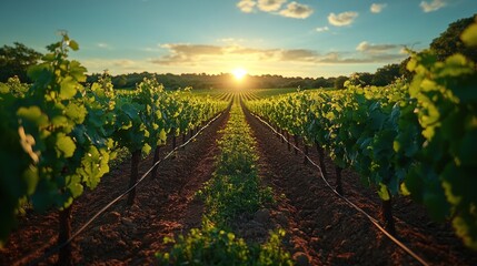 Fototapeta premium Vineyard rows at sunset, rural landscape, golden hour