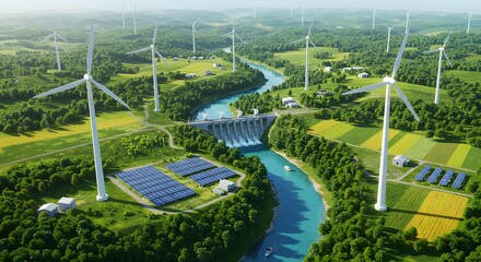 Obraz premium Green Energy Sustainable Power Wind Turbines Solar Panels Hydroelectric Dam