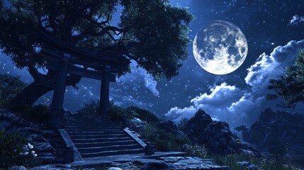 Naklejka premium Serene Night at the Mountain Torii Gate under the Full Moon