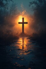 A wooden cross stands in a misty, golden-lit landscape. The main subject of the image is highlighted in a serene and atmospheric setting.