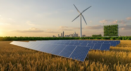 Sustainable Energy Solar Panels Wind Turbine and Green Cityscape