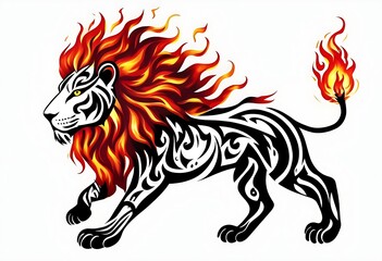 Obraz premium Striking tribal art lion with a fiery mane, adorned in bold, intricate patterns. Vibrant colors and strong lines create a powerful, majestic design full of energy.