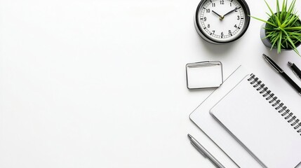 Minimalist Workspace with Clock, Notebook, Pens, and Potted Plant on Clean White Desk Surface in Bright Light Setting
