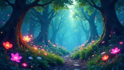 Enchanted forest with magical creatures and glowing flowers, creatures, enchanted, illustration