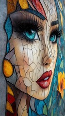 A stylized portrait depicting a beautiful woman with striking blue eyes