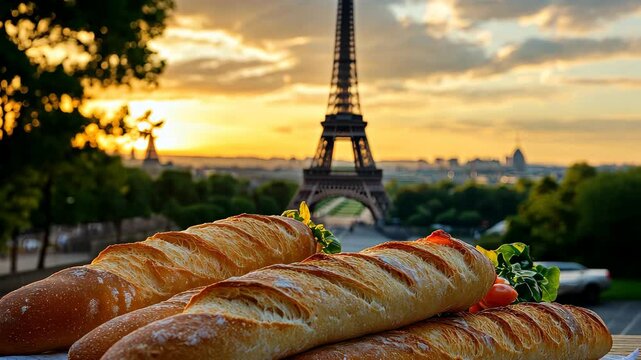 Enjoying fresh baguettes with a view of the Eiffel Tower at sunset in Paris, Freshly baked baguette on table with Eiffel Tower in background at sunset