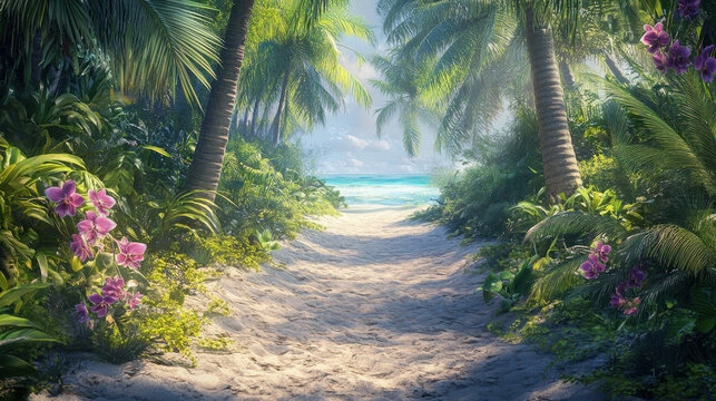 A tranquil jungle pathway leading to a secret cove, illuminated by gentle morning light. The air is filled with the scent of fresh earth and blooming orchids