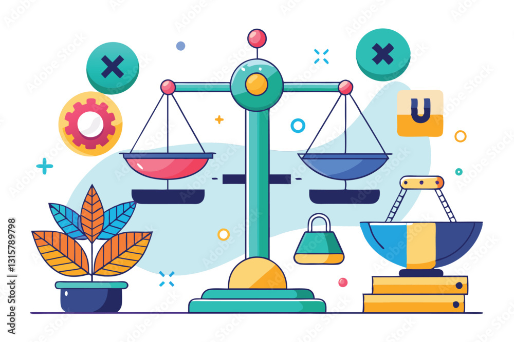 Poster a colorful illustration depicts scales balancing various elements of user experience and interface d