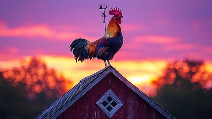Majestic Rooster Crowning Sunrise on Rustic Barn Roof Vibrant Colors Scenic Dawn Farm Animal