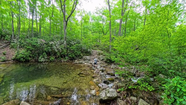 Man Crosses Riprap Creek in Shenandoah National Park
