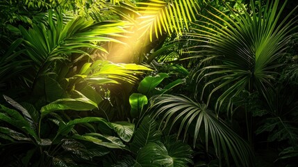 Lush Tropical Rainforest: Sunlight Filtering Through Dense Foliage