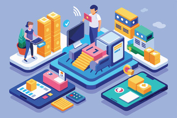 Obraz premium This illustration features a customizable isometric design showcasing scan-to-pay technology with various devices, Scan to pay Customizable Isometric Illustration