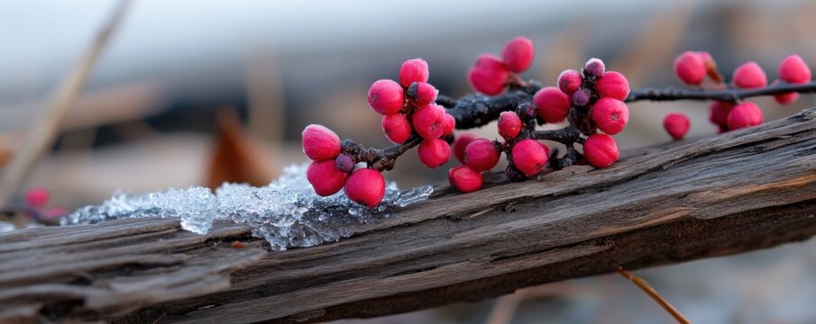 Capture the essence of winter's fleeting beauty with this enchanting image showcasing vibrant winter berries adorned with glistening glacial ice, a testament to detailed and organic elegance Witness