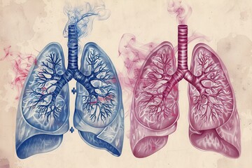Comparison of smokers lungs and healthy lungs highlighting the effects of smoking in a medical illustration