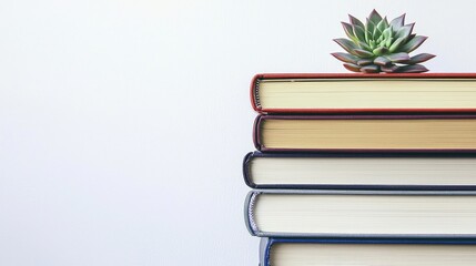 Stack of Colorful Books with a Succulent Plant on Top Against a Soft White Background for Modern Home Decor and Inspirational Study Environment