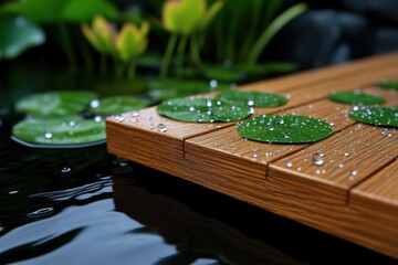 Naklejka premium Capture the Serenity Explore a captivating image showcasing the gentle dance of raindrops falling on a tranquil pond, creating mesmerizing ripples The soft focus enhances the peaceful atmosphere