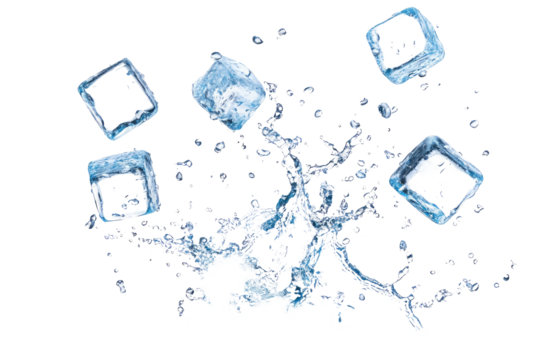 ice cubes. flying ice cubes with water splash isolated on transparent or white background
