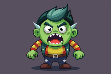 Fototapeta premium A cartoonish green monster with exaggerated features shows fear while wearing colorful attire in a playful design, Scared Customizable Disproportionate Illustration