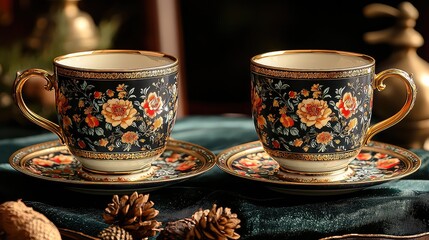 Elegant Gold-Rimmed Teacups with Floral Design on Dark Background, Luxurious Porcelain Tea Set, Close-up Studio Shot of Two Delicate Teacups and Saucers