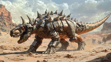Mechanical Ankylosaurus patrolling post apocalyptic wasteland