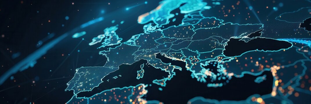 Dynamic digital world map highlighting Western Europe for AI powered global network connectivity and big data transfer - Powered by Adobe