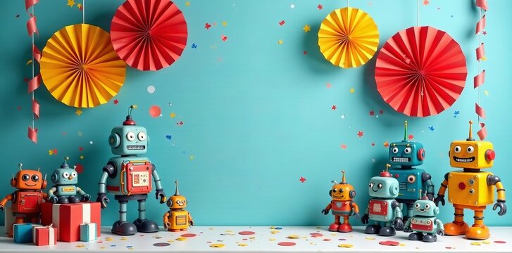 Festive robot birthday party setup with hanging paper fans, robot toys, and streamers, decorations, party, robot - Powered by Adobe