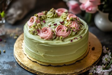Aesthetic rose-infused pistachio cake with intricate piping on a golden cake board