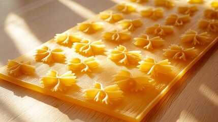 A glowing package of dry farfalle pasta styled on a smooth light wooden table. pic