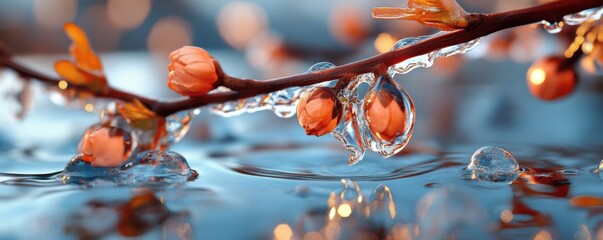 Discover the beauty of winter's touch with this captivating image showcasing icy branches adorned with intricate glacial patterns, a truly refreshing and detailed display of nature's artistry Witness