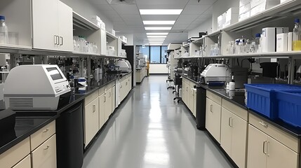 Modern Laboratory Workspace with Clean Countertops and Scientific Equipment in Use