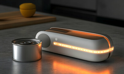 Modern food preservation appliance next to can
