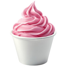 A delicious swirl of pink soft serve ice cream in a plain white cup, set against a neutral background, perfect for dessert promotions and summer treats
