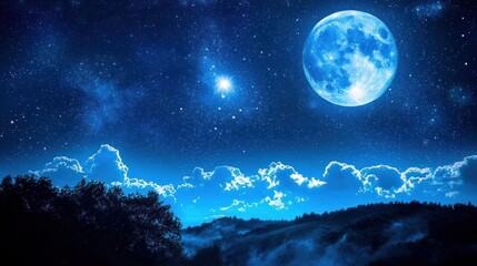 Enchanted Night: Majestic Moon and Starry Sky over Silhouetted Hills