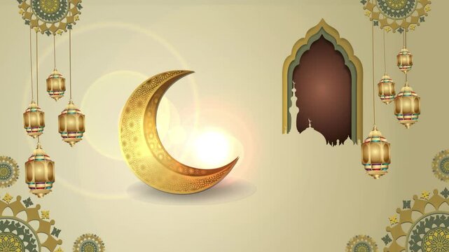 Elegant Eid al Adha Mubarak Greeting Card Design with Golden Crescent Moon and Islamic Architecture