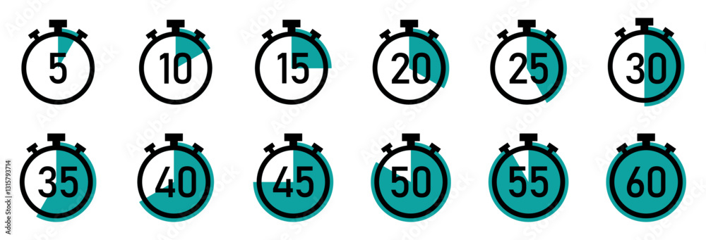 Wall mural set of stopwatch timer countdown clock. countdown clock set with 5 to 60 minutes. timer set. countdo