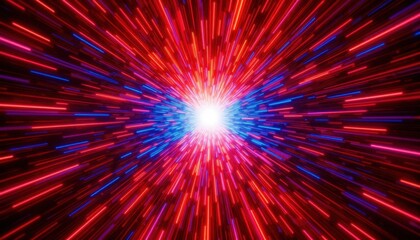 Fototapeta premium A vibrant and dynamic abstract energy tunnel background featuring a mesmerizing display of colorful diverging radiating rods or geometric rectangular pillars in shades of red