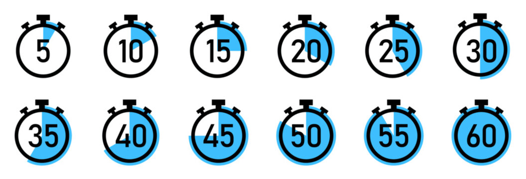 Set of stopwatch icons showing time intervals from 5 to 60 seconds. Minimal design with partial fill indicating time. Perfect for timers, fitness apps, and countdown graphics. Stopwatch, icons.
