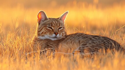Obraz premium Pampas Cat Pampas cat resting in golden grasslands its patterned fur camouflaging perfectly in the soft light of dawn